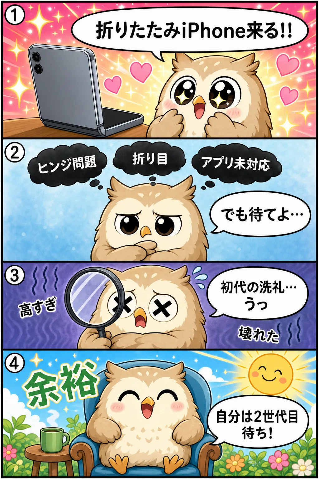 折りたたみiPhoneは初代を見送れる人が勝つと思ってる 4コマ漫画